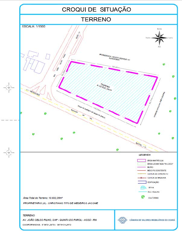 Terreno contendo 10.892,26m², localizado, localizado em Assu - RN